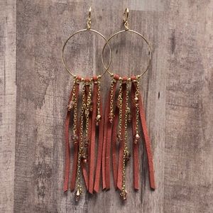Custom fringed leather and beaded earrings - rose colored